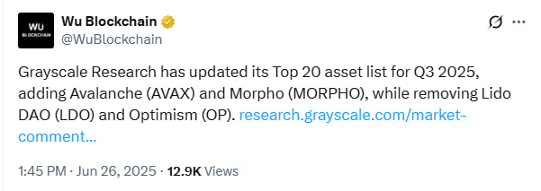Grayscale обновила топ-20 токенов: добавлены AVAX и MORPHO, исключены LDO и OP