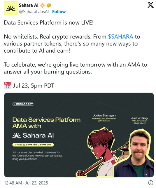 Sahara AI запустила платформу для заработка на разметке данных с оплатой в криптовалюте