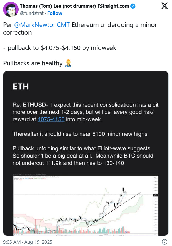 Том Ли из Bitmine предсказывает падение Ethereum к $4075 перед рывком к $5100