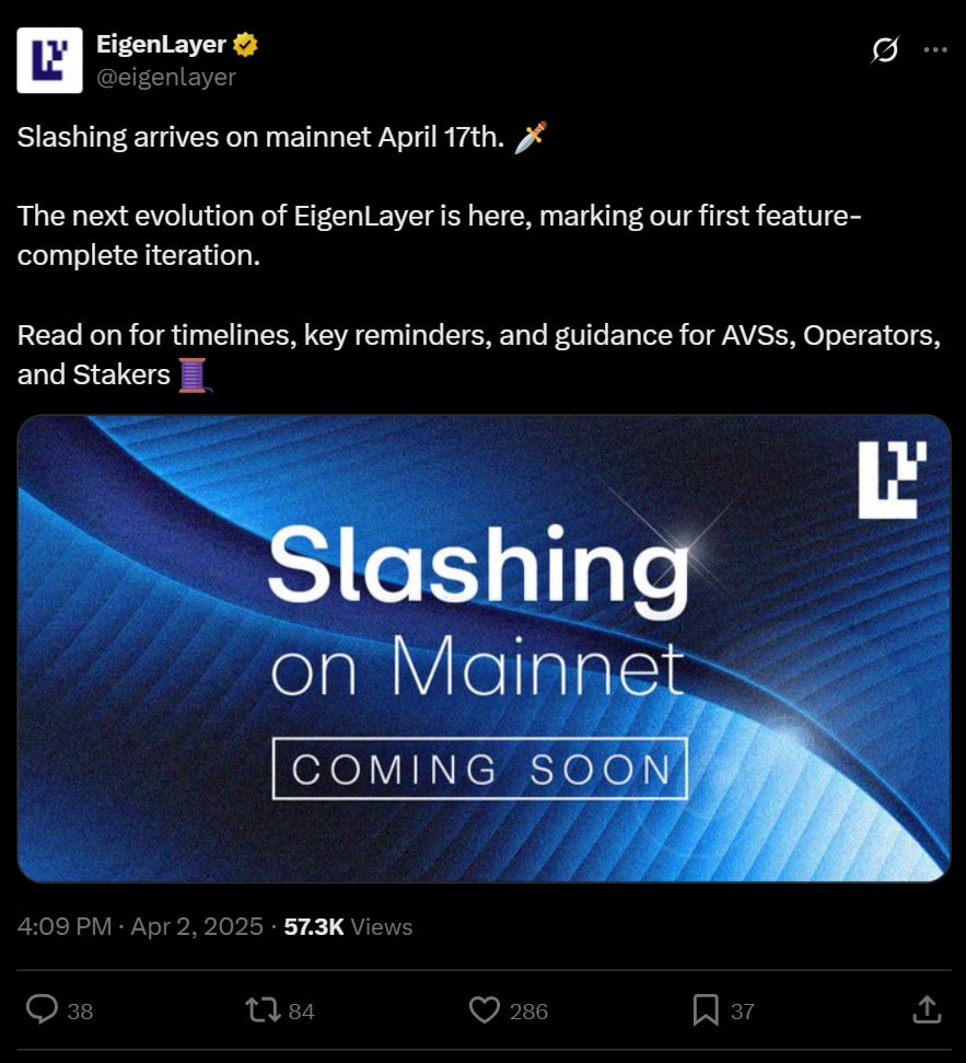 EigenLayer запускает механизм «slashing» для рестейкеров в апреле