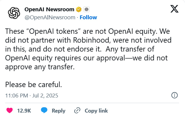 OpenAI обвинила Robinhood в выпуске фейковых токенов на свои акции