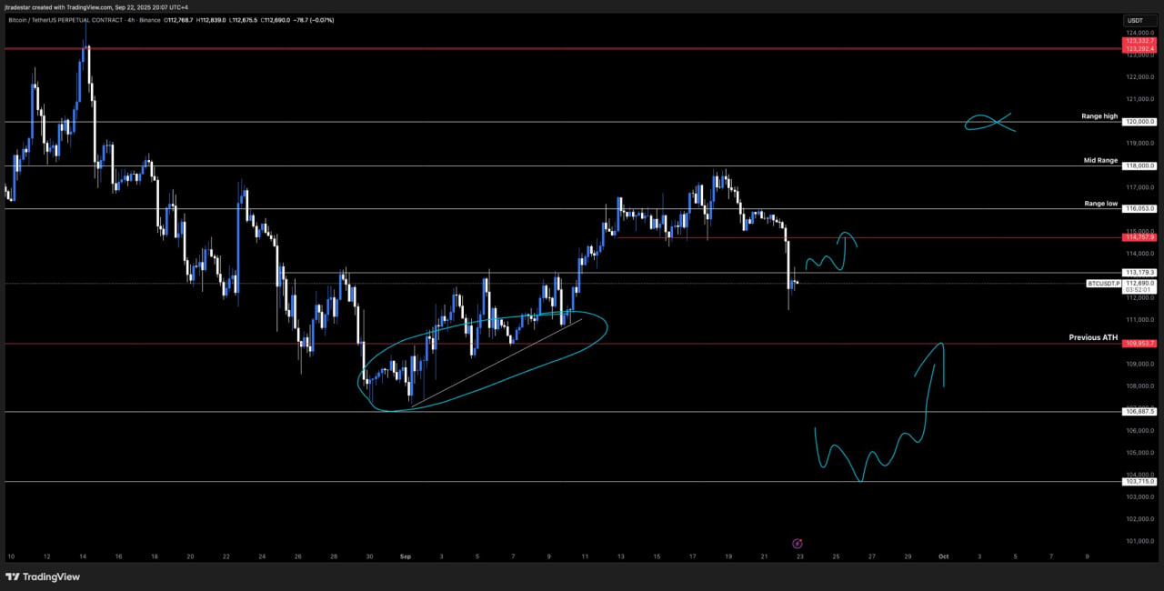 Биткоин консолидируется в районе $113 000–115 000. Возможные сценарии — закрепление выше диапазона или откат к зоне прошлых максимумов около $109 000.