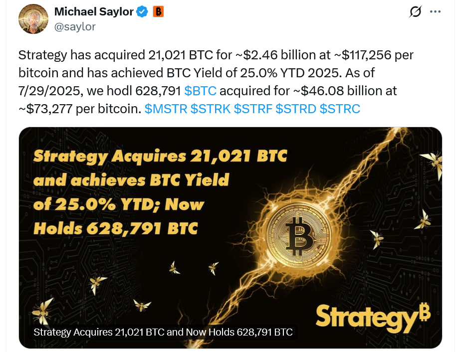 Strategy проводит крупнейшее IPO года и увеличивает биткоин-резервы до 628 791 BTC