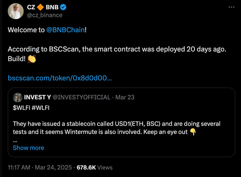 Проект Трампа запустил стейблкоин USD1 на Ethereum и BNB Chain