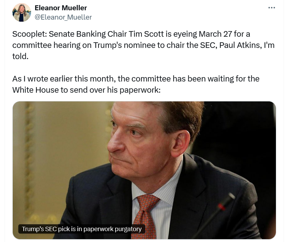 Пол Аткинс приближается к посту главы SEC, слушания 27 марта