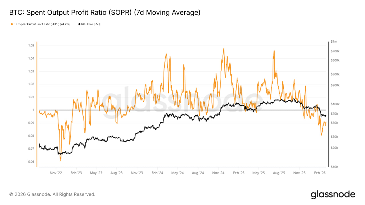 Дополнительный сигнал дает показатель SOPR. Он остается ниже уровня 1, что означает фиксацию убытков значительной частью инвесторов.