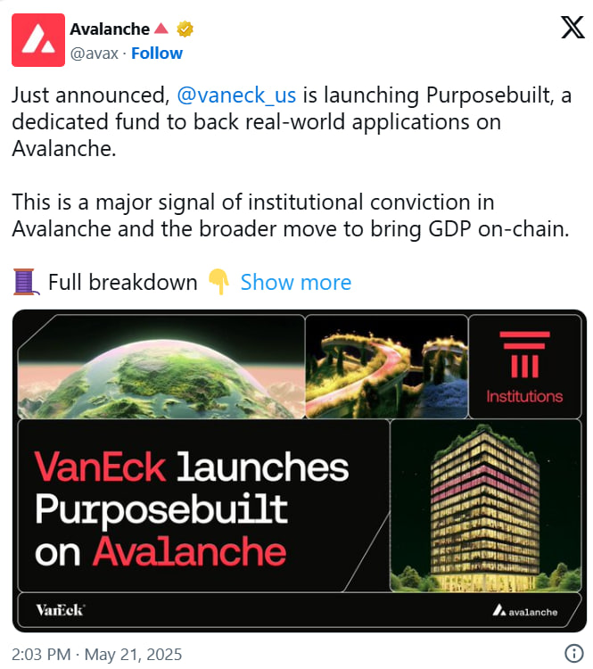 VanEck запускает фонд для проектов на Avalanche: акцент на реальные приложения и токены с утилитой