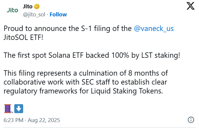 VanEck и Jito подали заявку на первый ETF на базе ликвидного стейкинга Solana