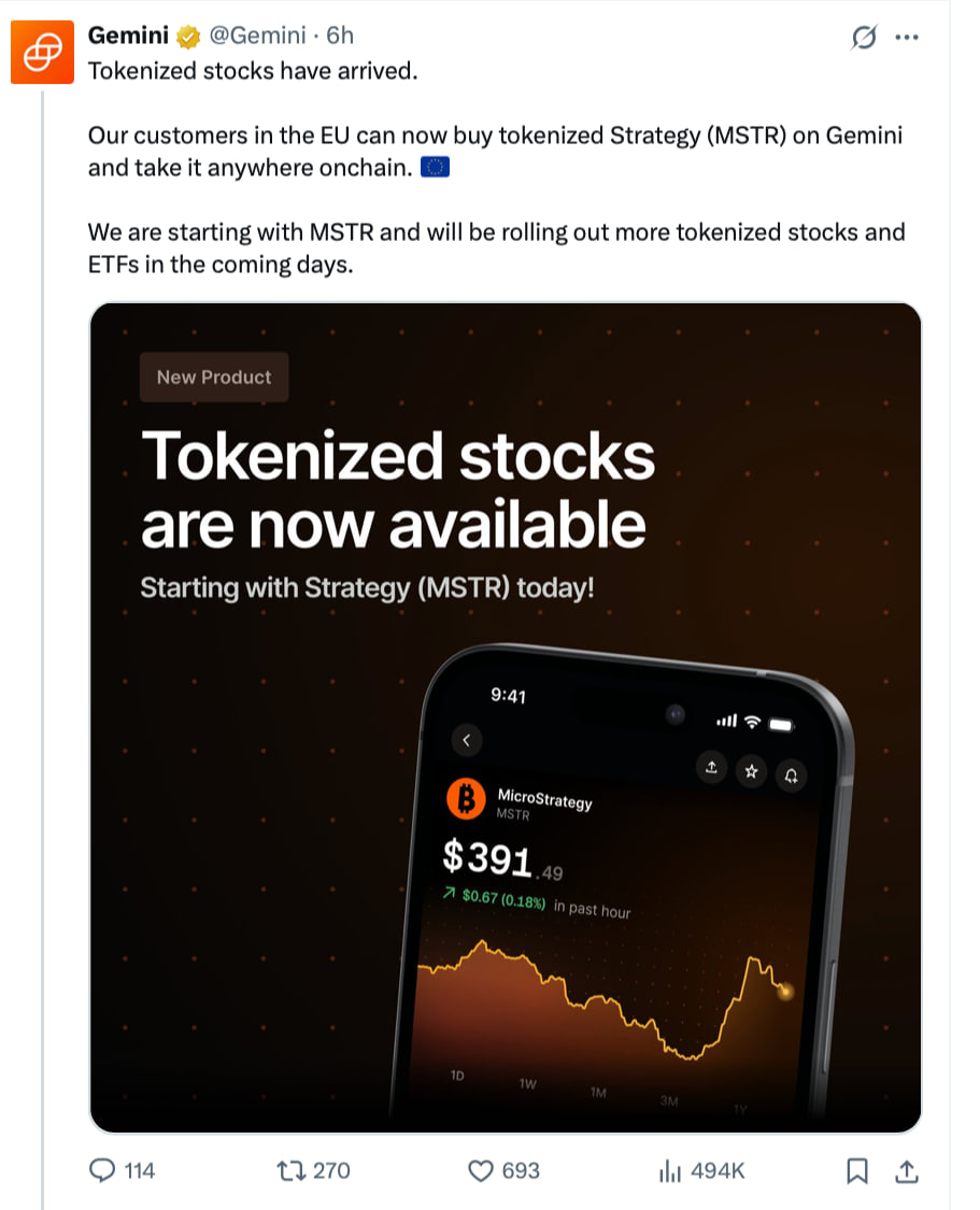 Gemini токенизирует акции Strategy и запускает торговлю в ЕС