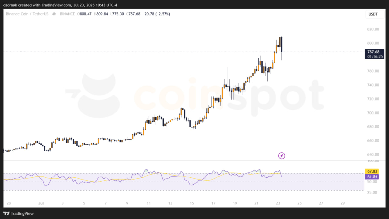 BNB обновил исторический максимум выше $800 на фоне роста институционального интереса