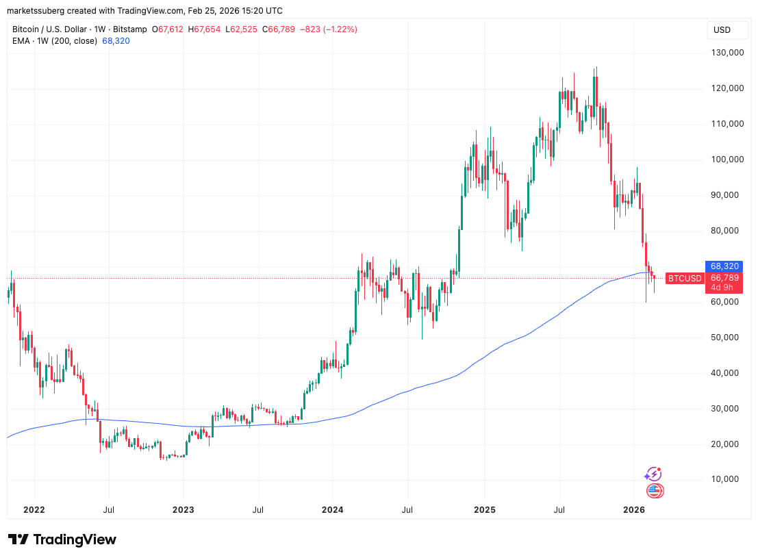Ключевой технический ориентир сейчас — 200-недельная экспоненциальная скользящая средняя.