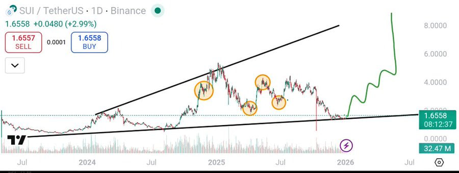 Техническая картина также поддерживает бычий сценарий. По мнению ряда трейдеров, SUI сформировал модель тройного дна — классический сигнал сильной поддержки. Возврат и закрепление выше уровня 1,75 доллара усилили уверенность покупателей.