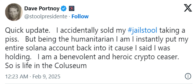 Дэйв Портной потерял $264 000 на мемкоине JAILSTOOL