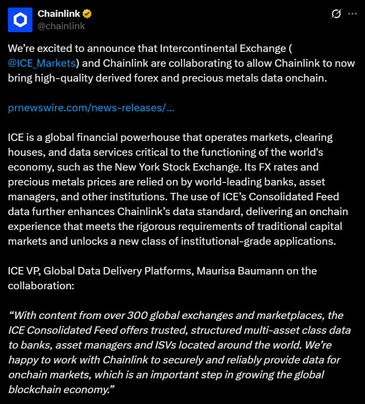 Chainlink и ICE открывают доступ к биржевым курсам валют и золота в реальном времени