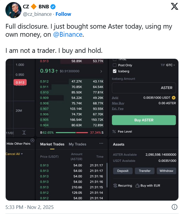 В воскресенье Чжао сообщил в X (бывший Twitter), что приобрел токен ASTER «на собственные средства» через Binance. Он подчеркнул: