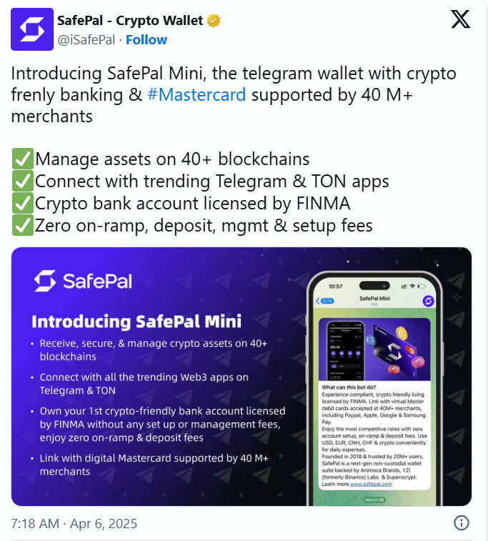 SafePal представила кошелек в Telegram с поддержкой Mastercard