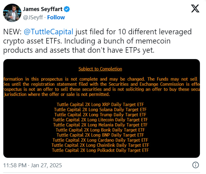 Tuttle Capital подала заявку на 10 крипто-ETF, включая мемкоины
