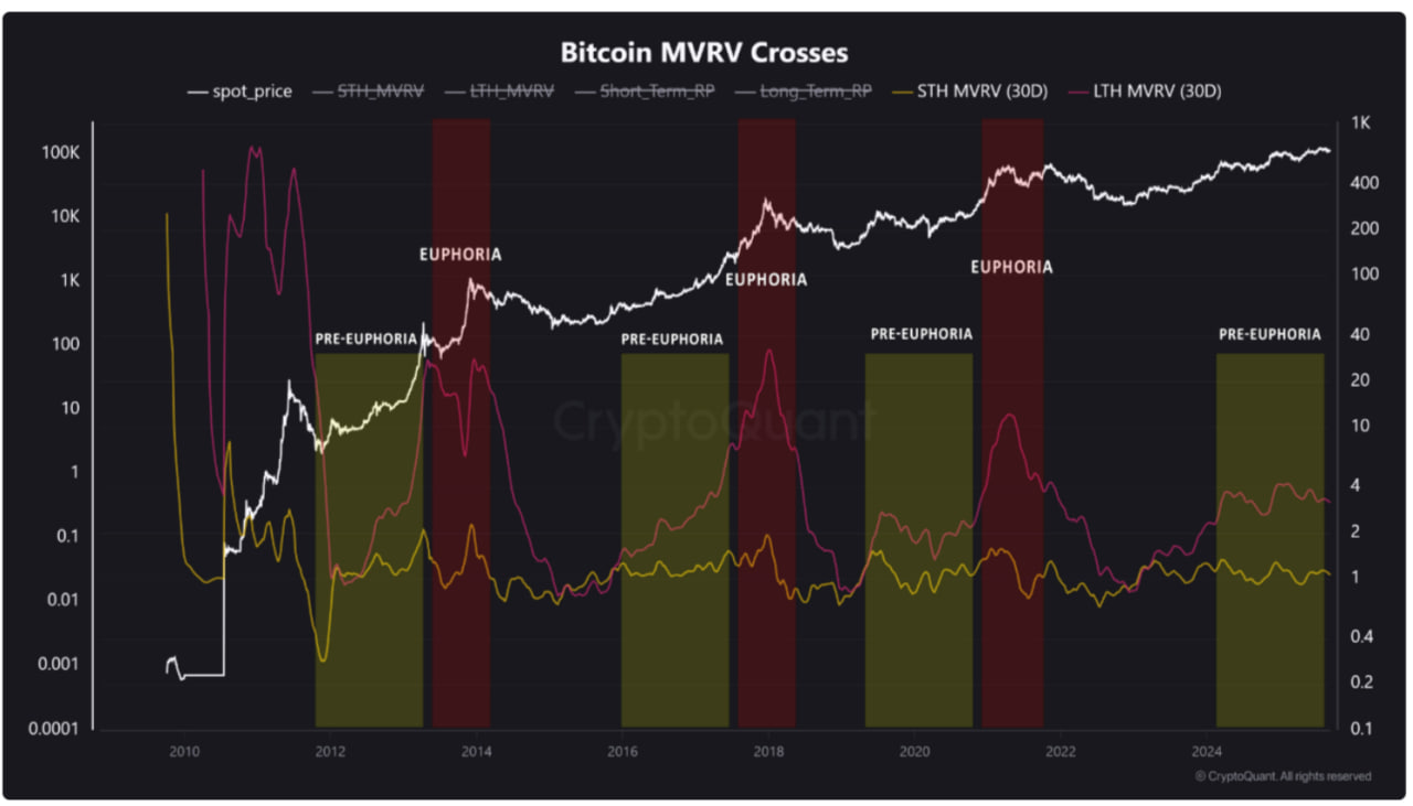 Bitcoin MVRV Crosses — график от CryptoQuant, показывающий пересечения метрик MVRV (отношение рыночной и реализованной стоимости) для краткосрочных и долгосрочных держателей.