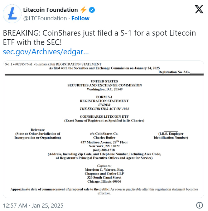 CoinShares подала заявку на Litecoin ETF: что ждать рынку?