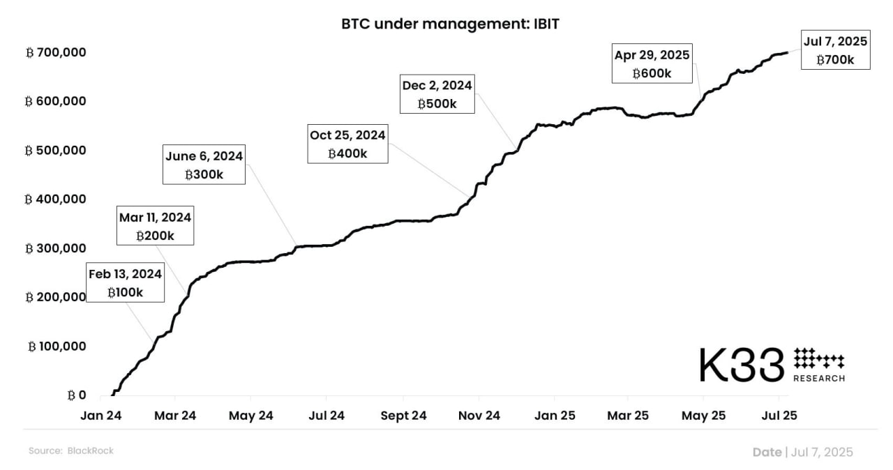 IBIT от BlackRock превысил 700 000 BTC и стал крупнейшим биткоин-ETF в мире