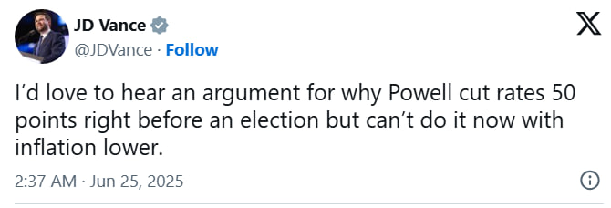 Джей Ди Вэнс требует от ФРС снижения ставки: «Почему не сейчас?»