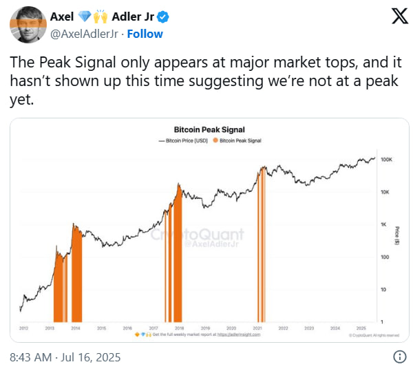 «Пиковый сигнал» по биткоину не зафиксирован — ралли может продолжиться