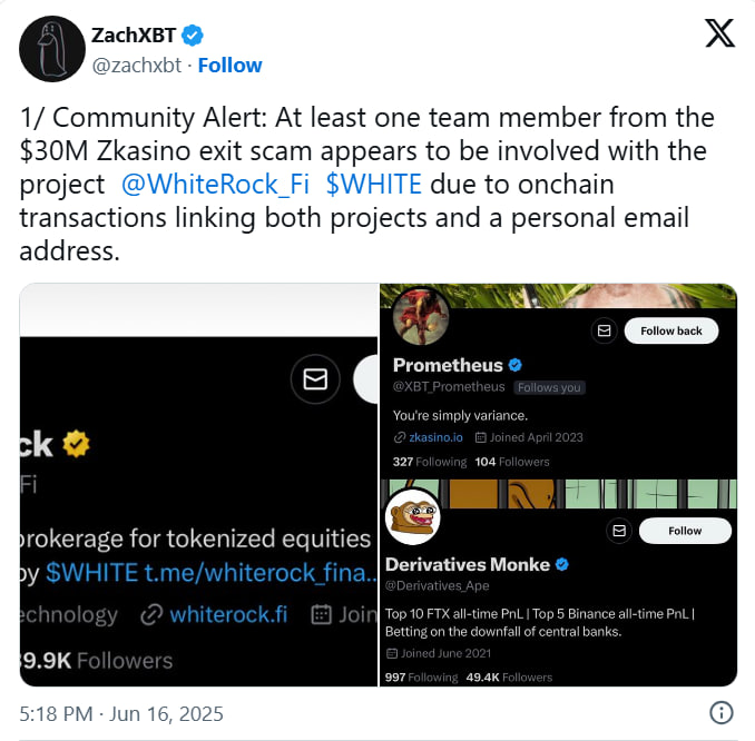 Расследование ZachXBT: WhiteRock оказался связующим звеном в схеме отмывания $33 млн, украденных из ZKasino