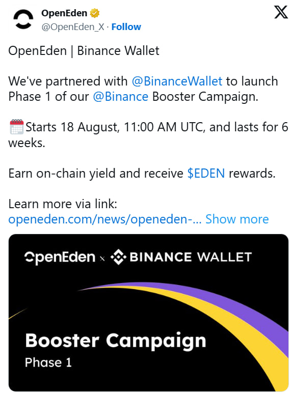 OpenEden и Binance Wallet запускают аирдроп EDEN на 20 млн токенов, старый EDEN оживает на 250%