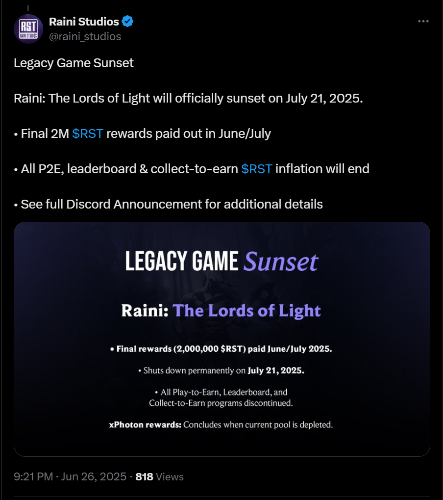 Raini: The Lords of Light will officially sunset