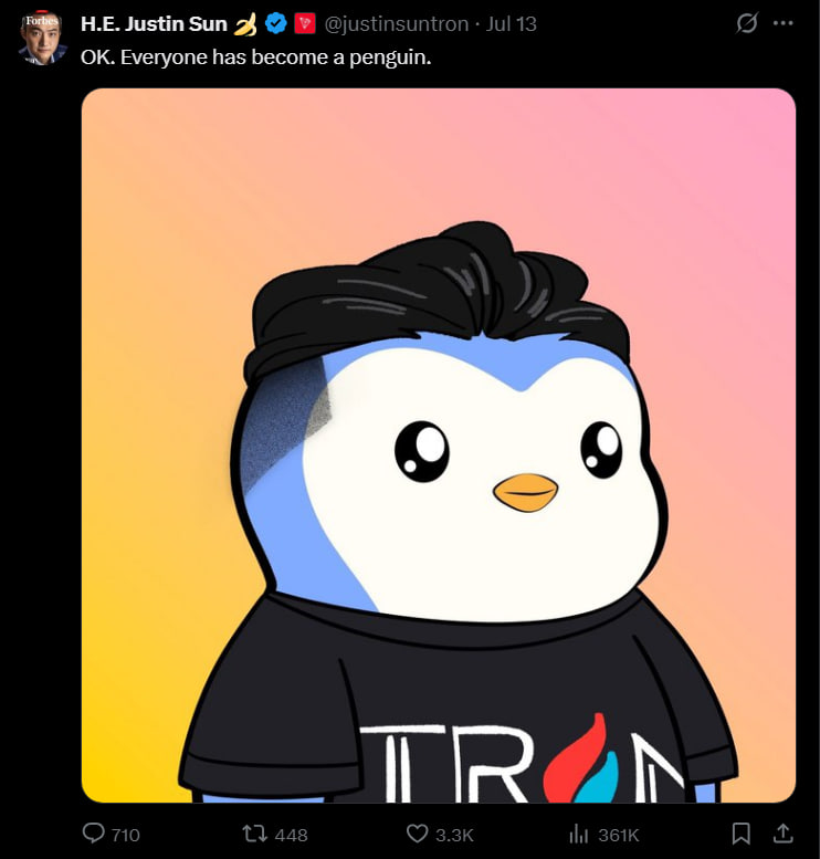 PENGU взлетает на 31% после поста Джастина Сана: мемкоин снова в центре внимания