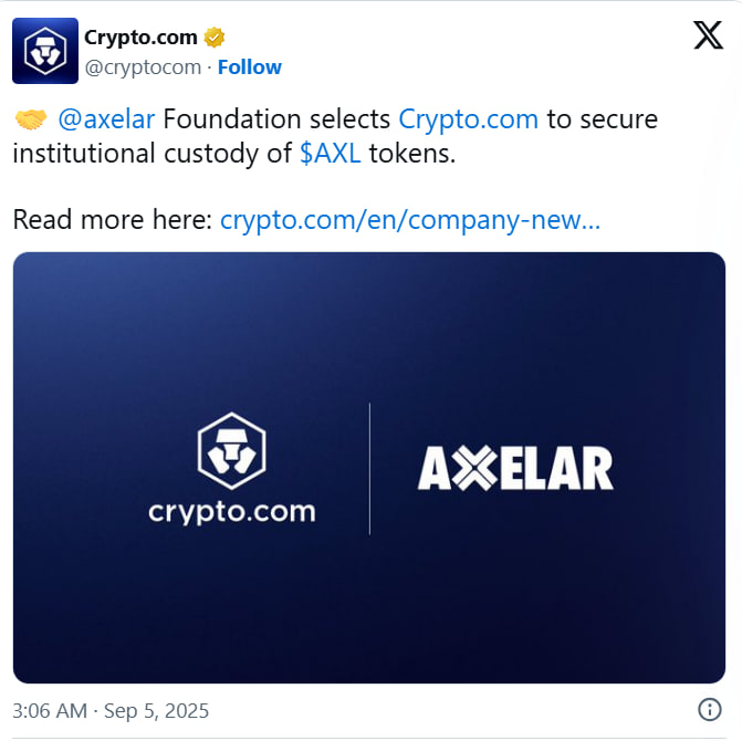 Crypto.com расширяет институциональные услуги через партнерство с Axelar и Frax