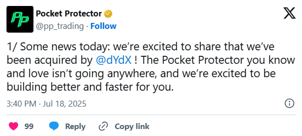 dYdX покупает Telegram-приложение Pocket Protector с оборотом $1 млрд за год