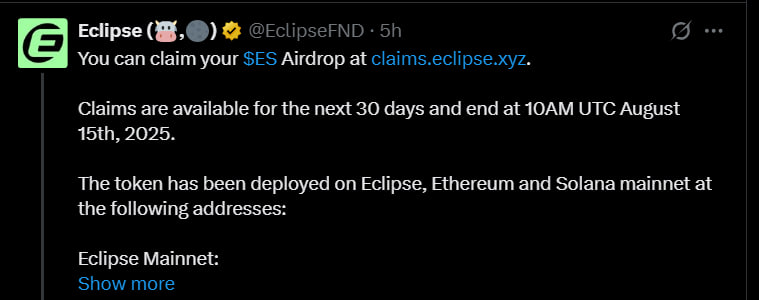 Eclipse запускает ES-токен и раздает 100 млн монет ранним пользователям