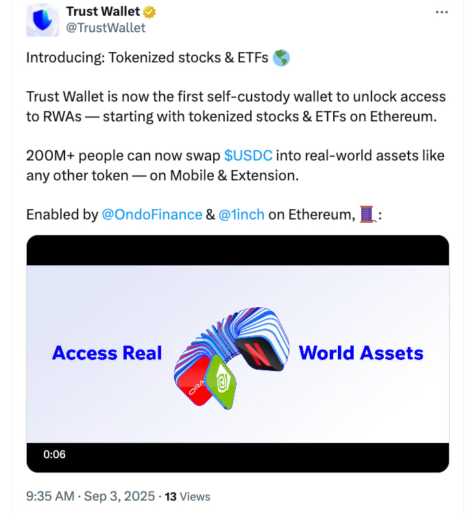 Trust Wallet интегрировала токенизированные акции и ETF в сотрудничестве с Ondo и 1inch