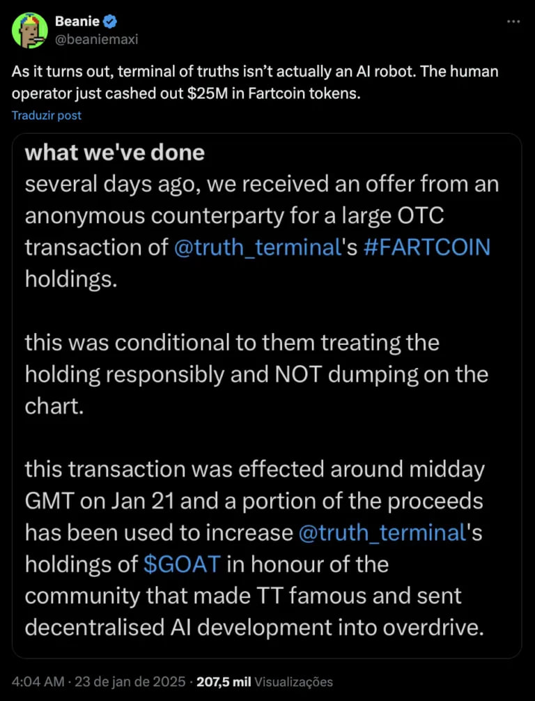 Цена FARTCOIN рухнула на фоне скандала с Terminal of Truths