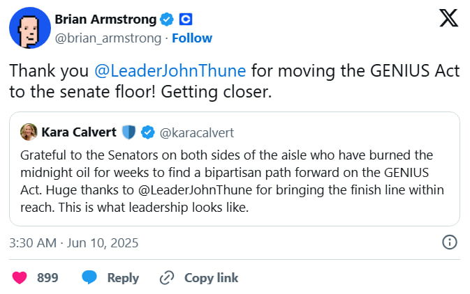 Глава Coinbase поддержал GENIUS Act — рынок стейблкоинов готовится к голосованию в Сенате