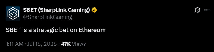 SharpLink стала крупнейшим публичным держателем Ethereum после покупки ETH на $48,85 млн