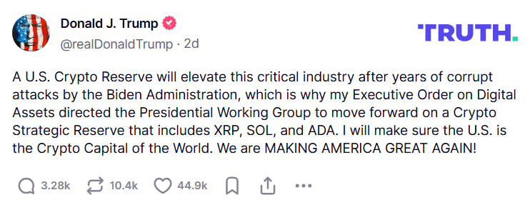 Крипторынок падает: хайп вокруг крипторезерва США угас