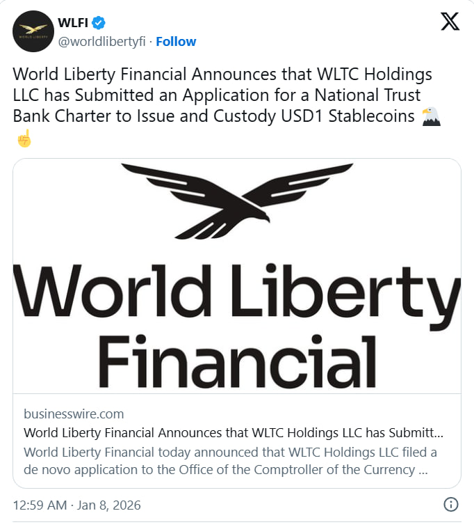 World Liberty Financial выходит на новый уровень регулирования. Компания подтвердила подачу заявки на получение статуса национального трастового банка в США — шаг, который может существенно ускорить институциональное принятие стейблкоина USD1 и встроить его в привычную для финансовых рынков инфраструктуру.