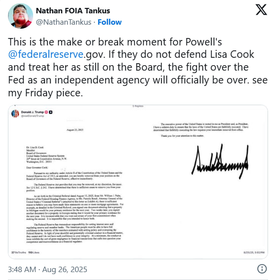 Трамп пытается взять под контроль ФРС после попытки сместить Лизу Кук