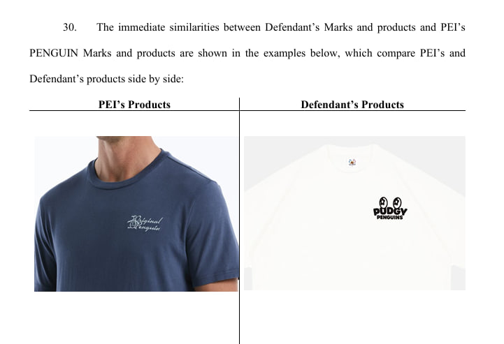 Истец утверждает, что такие обозначения слишком похожи на уже существующие товарные знаки Original Penguin. Это, по мнению компании, может создать путаницу среди покупателей и ослабить ценность бренда.