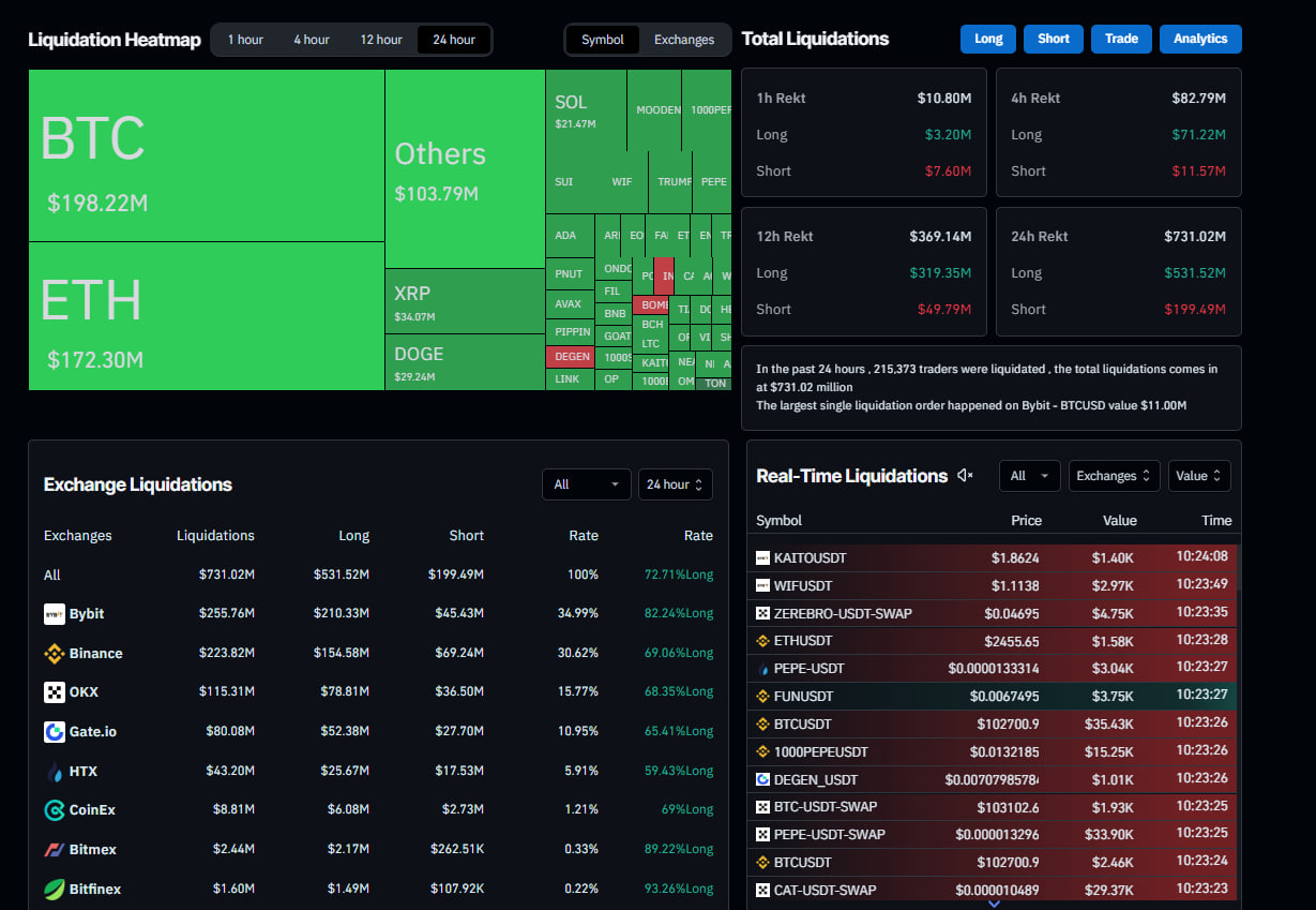 Биткоин падает ниже $102 000: ликвидации превысили $730 млн перед выходом CPI